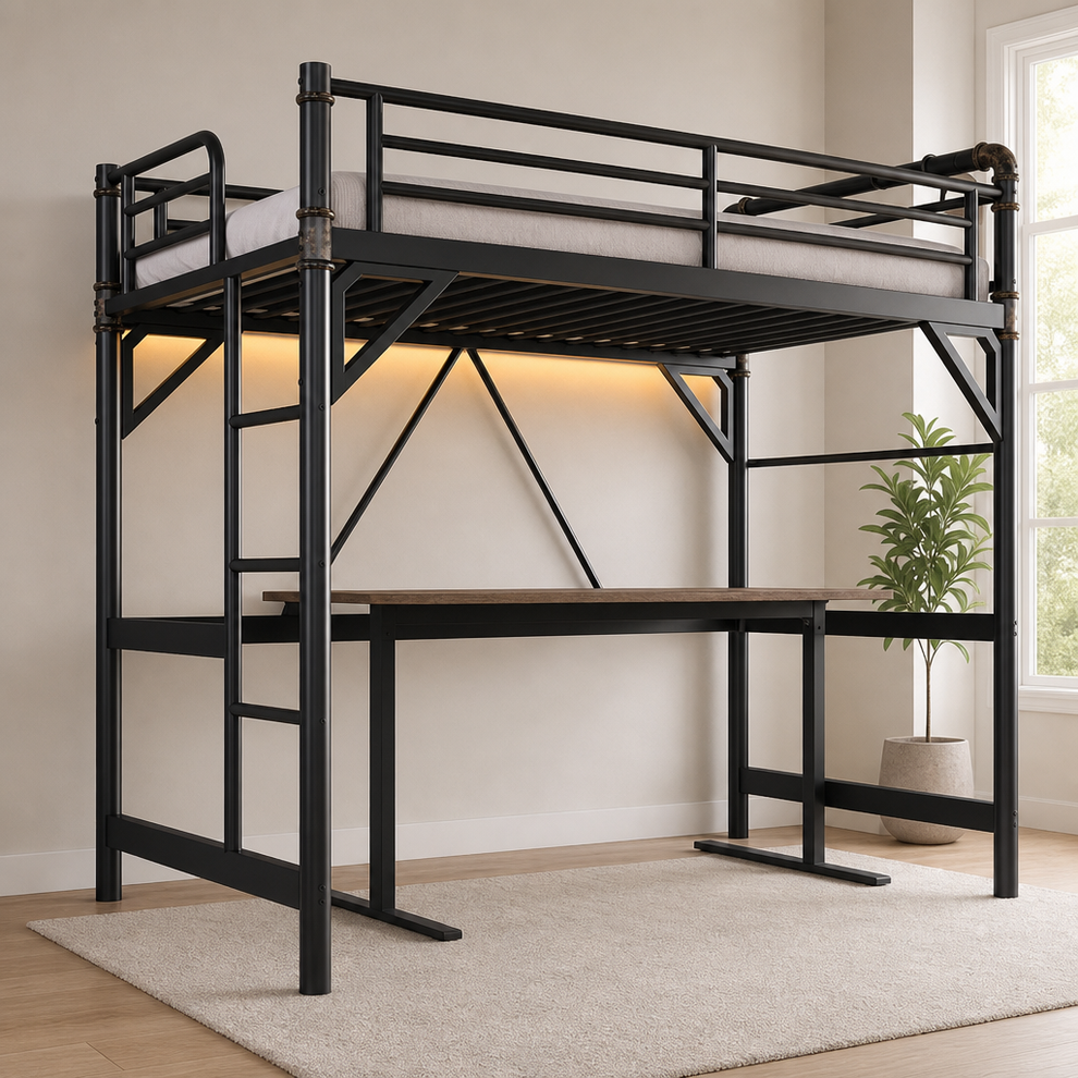 Twin Loft Bed with RGB LED Lights & Charging Station — Metal Frame centered in a warm neutral furnished room