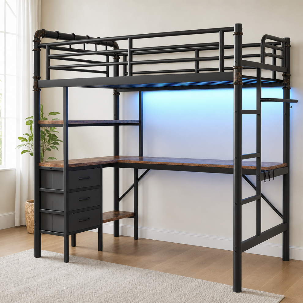 Loft Bed with L-Shaped Desk, RGB LED Lights & Storage - Twin/Full centered in a warm neutral furnished room