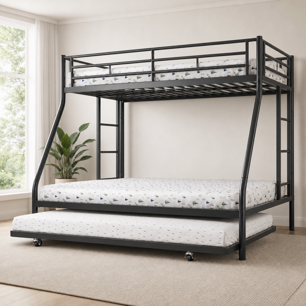 Twin-Over-Full Bed with Trundle, Full-Length Guardrail & Two Ladders — Black centered in a warm neutral furnished room