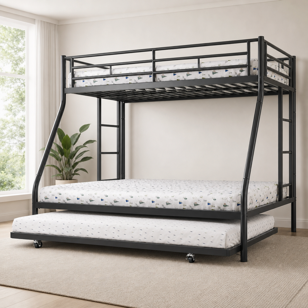 Twin-Over-Full Bed with Trundle, Full-Length Guardrail & Two Ladders — Black centered in a warm neutral furnished room