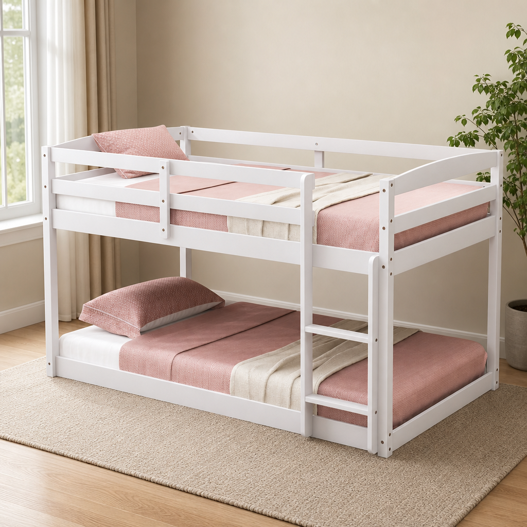 Solid Pine Twin Over Twin Bed with Ladder & Guardrails centered in a warm neutral furnished room