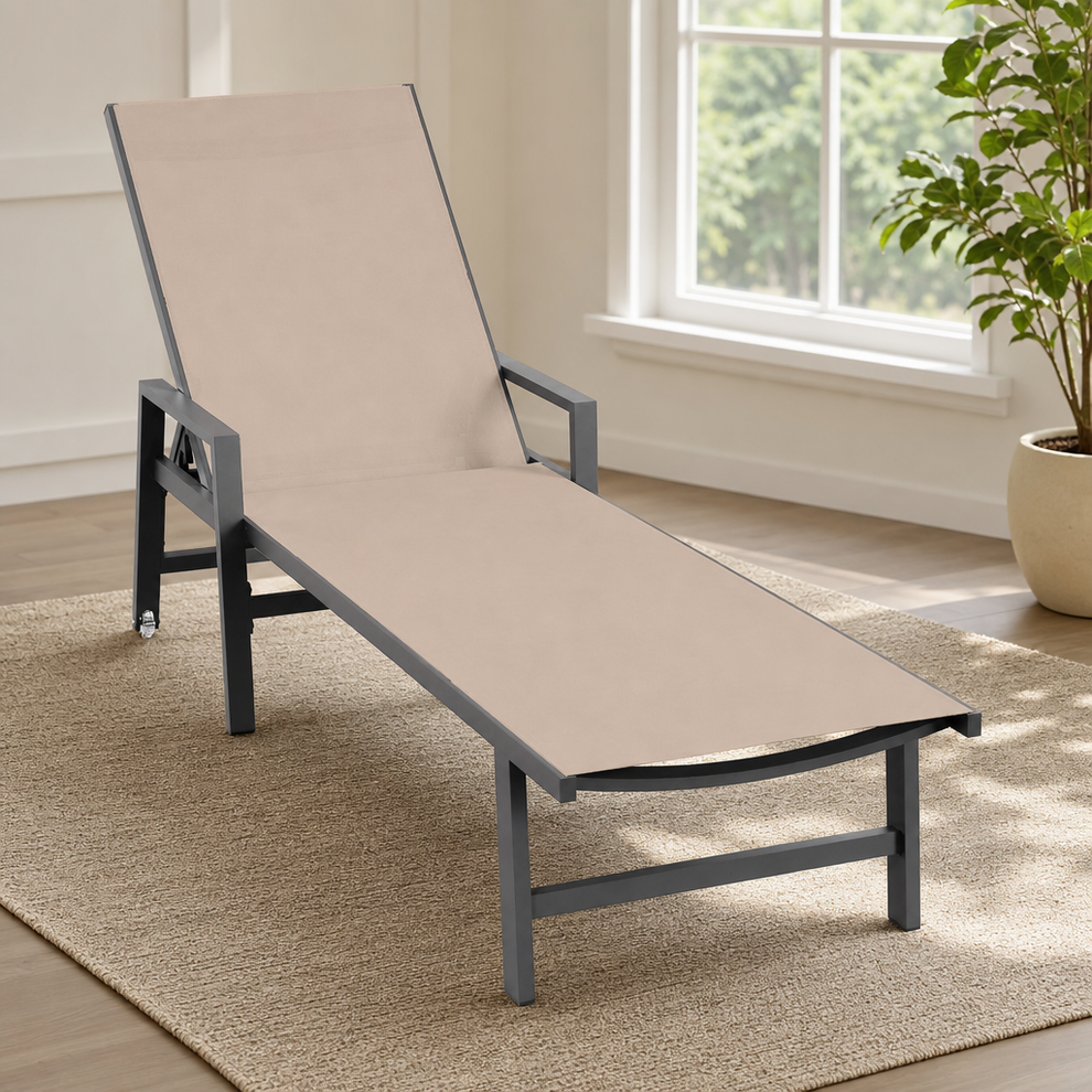 Aluminum Textilene Chaise Lounge — 5-Position Adjustable Patio Pool Chair, Khaki centered in a warm neutral furnished room