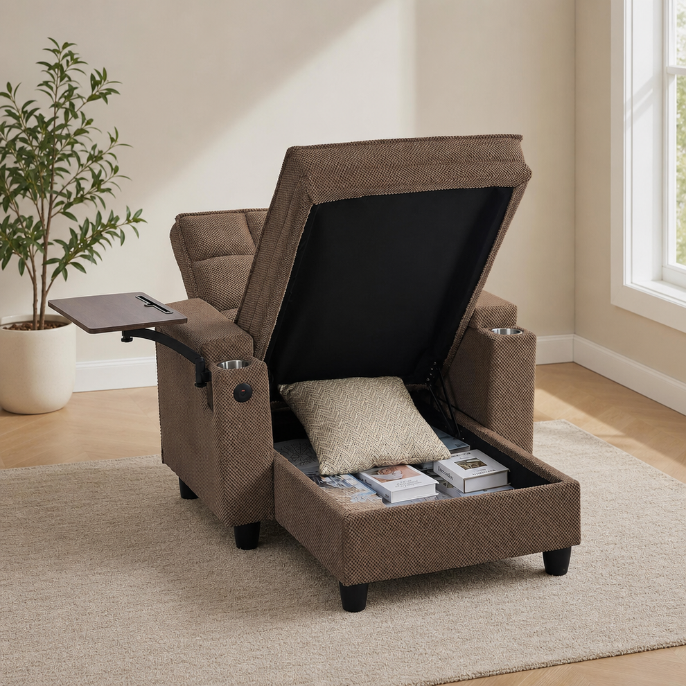 Brown chenille chaise lounge with seat lifted to reveal hidden under-seat storage and swivel tray table