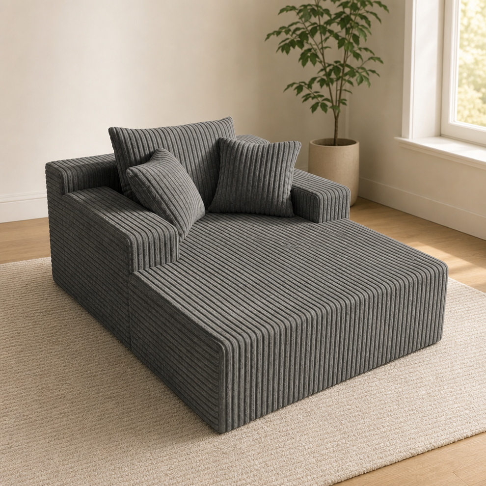 Urban grey corded fabric chaise lounge floor sofa, angled front view with three pillows on a rug.