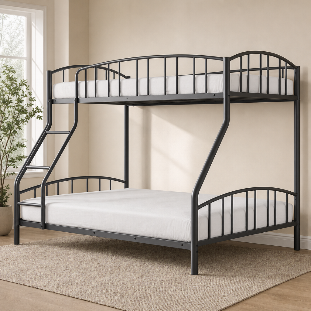 Twin-Over-Full / Twin-Over-Twin Metal Bunk Bed with Guardrail & Ladder centered in a warm neutral furnished room