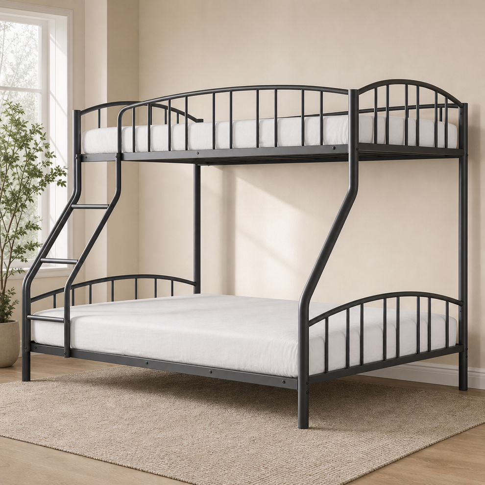 Twin-Over-Full / Twin-Over-Twin Metal Bunk Bed with Guardrail & Ladder centered in a warm neutral furnished room