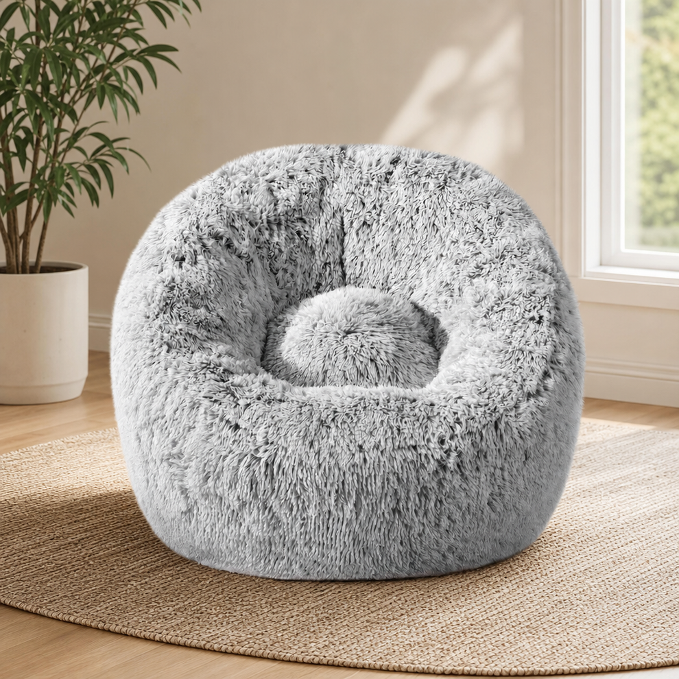 Plush Faux Fur Memory Foam Bean Bag Chair, U-Shaped Seat — 2–5 ft, Adults/Teens/Ki centered in a warm neutral furnished room
