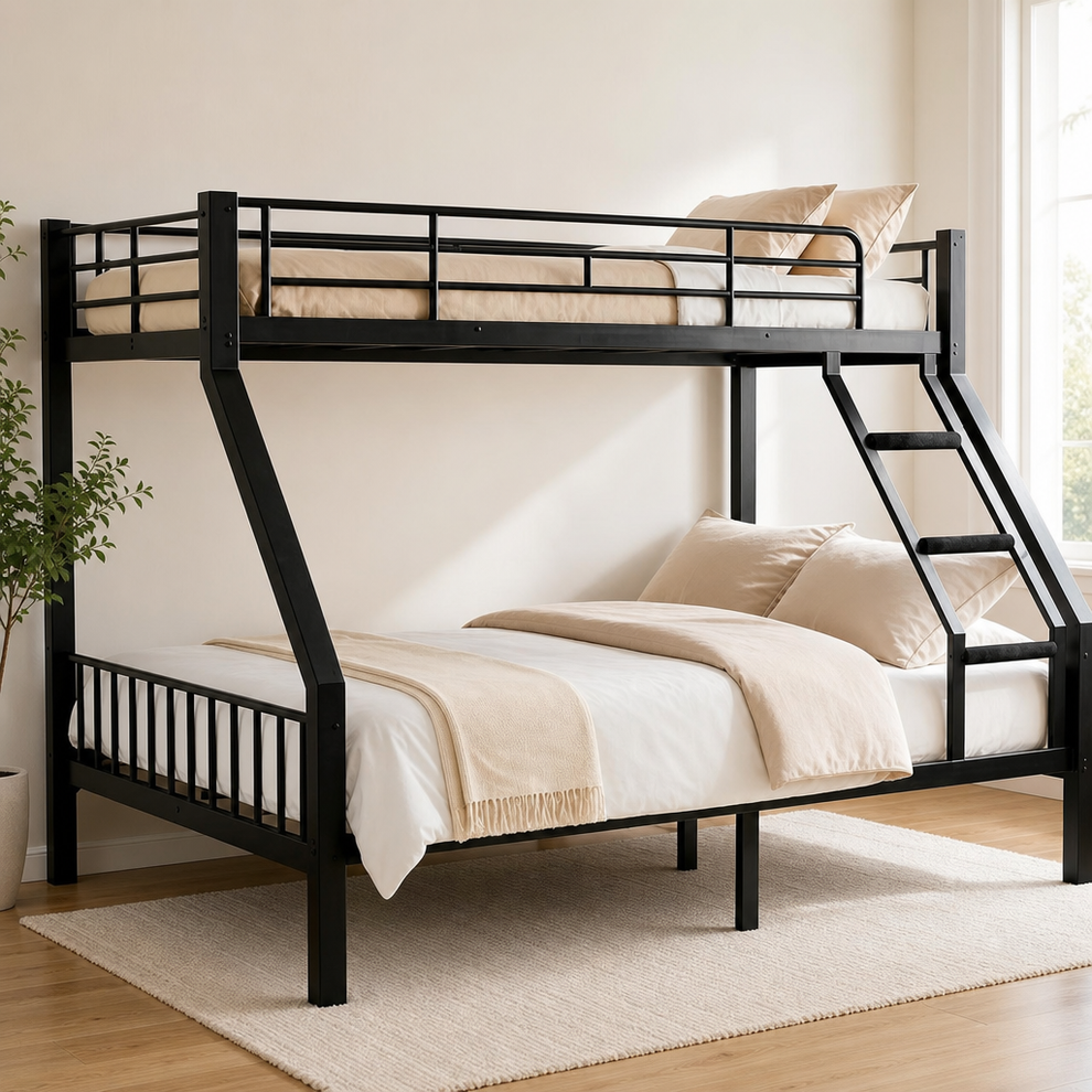 Heavy-Duty Metal Over-Queen Bunk Bed with Guardrails & Ladder centered in a warm neutral furnished room