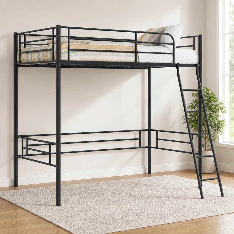 Twin Loft Bed Frame with Ladder and 13" Guardrails, Metal Platform — Black centered in a warm neutral furnished room