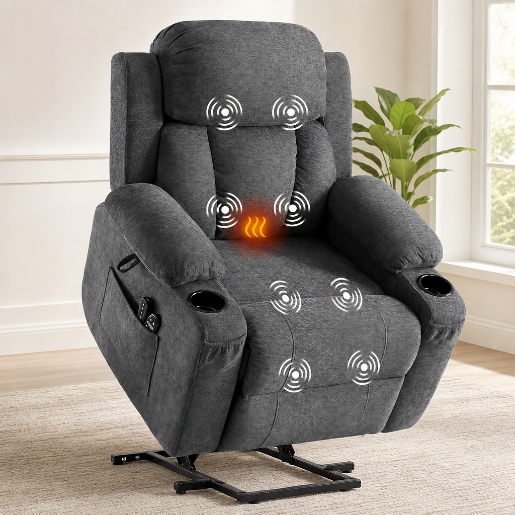 Grey chenille lift recliner angled front view showing cup holders, side pocket and heat and vibration icons