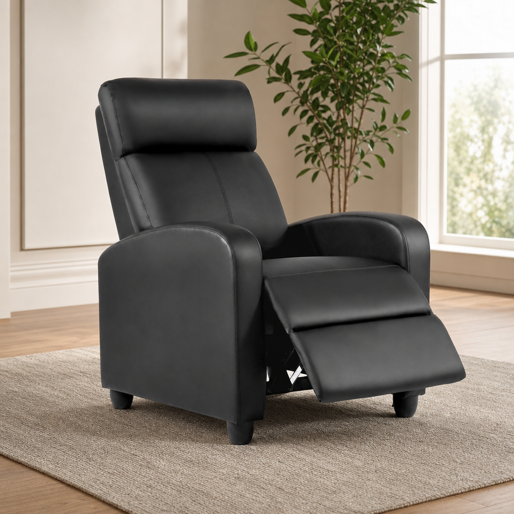 Black PU leather recliner with footrest extended, front-left angle on area rug