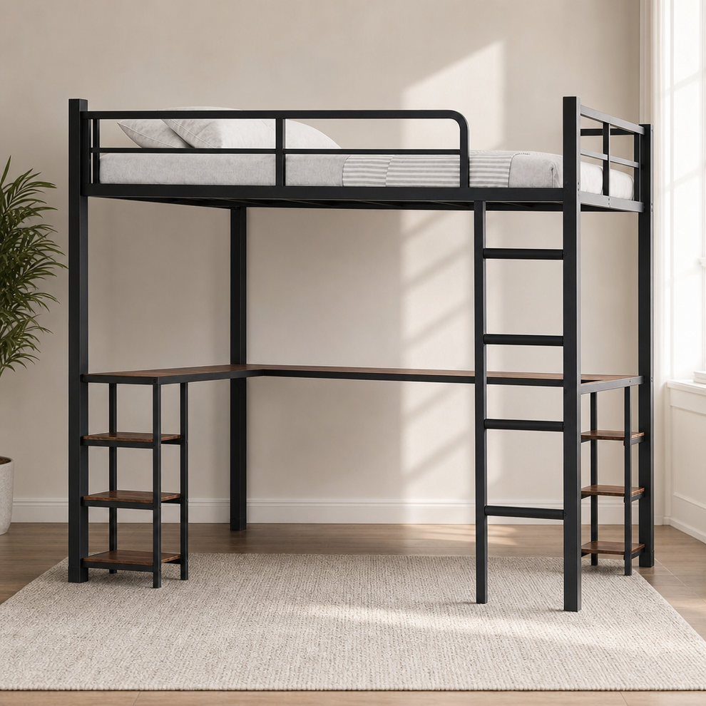 Full Loft Bed with L-Shaped Desk, Shelves & Clothes Rack — Metal Frame centered in a warm neutral furnished room