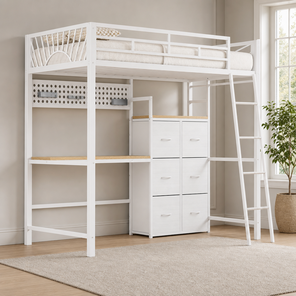 Twin Loft Bed with Desk, 6 Storage Drawers, RGB LED & Charging Station centered in a warm neutral furnished room