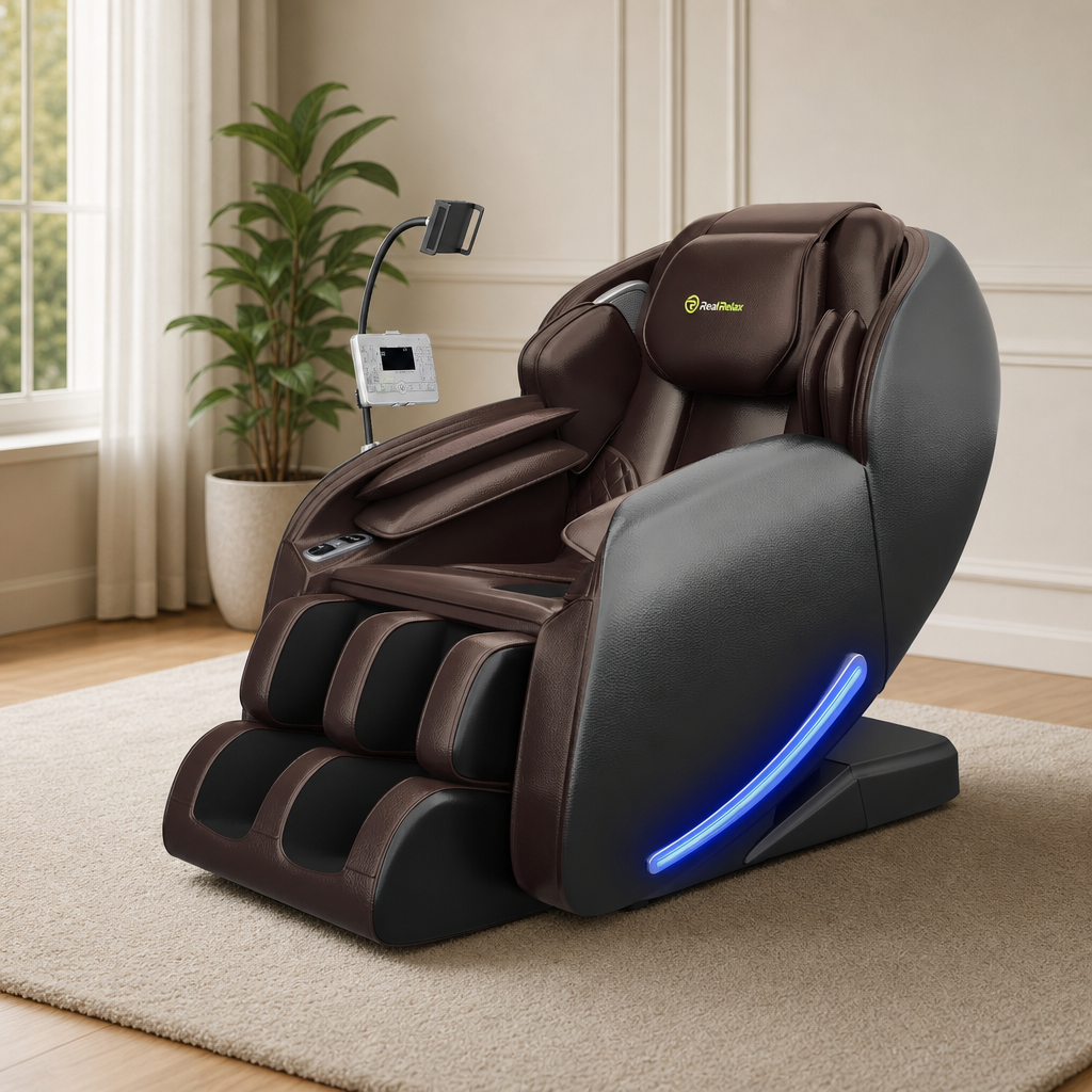 Dark brown full-body massage chair angled front-left in a living room with phone holder and blue side LED