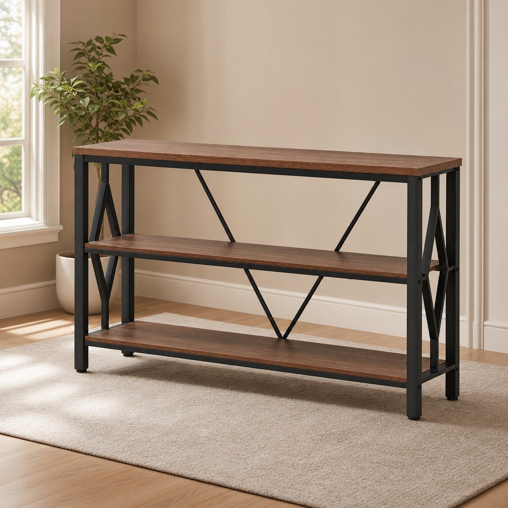 Rustic brown 3-tier console table with black metal frame angled front view on a rug