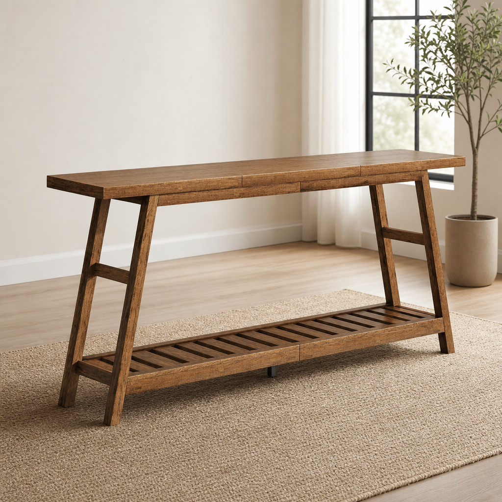 Walnut-finish long console table angled front view on a textured rug with a potted plant by a window