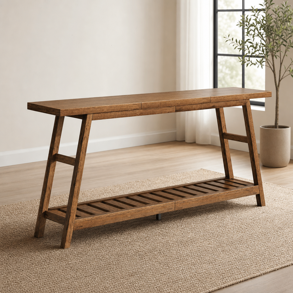 Walnut-finish long console table angled front view on a textured rug with a potted plant by a window