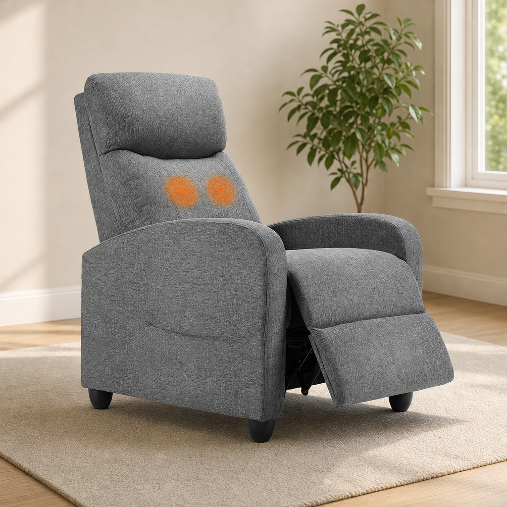 Grey fabric recliner angled front view with footrest extended and lumbar massage indicators in a living room setting