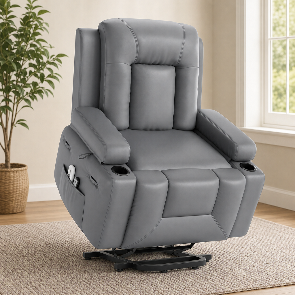 Grey faux leather power lift recliner angled front view in a living room setting showing the lift base