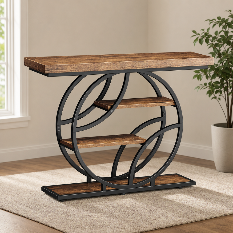 O-shaped console table with rustic brown wood-look top and black metal frame, angled front view on rug