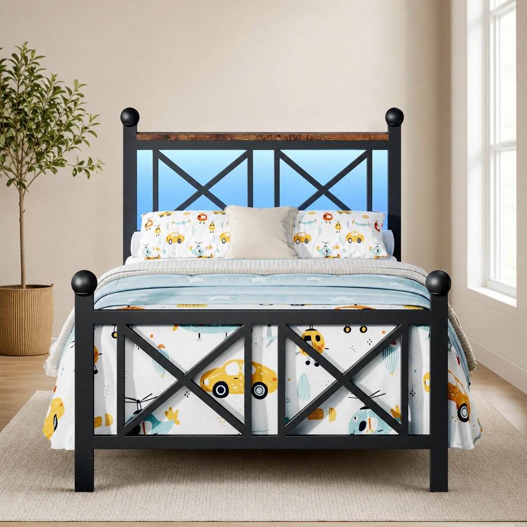 Black platform bed front view with illuminated blue LED headboard and children's car-print bedding