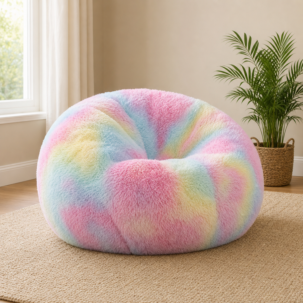 Fluffy Faux Fur Round Bean Bag Chair for Kids & Teens centered in a warm neutral furnished room