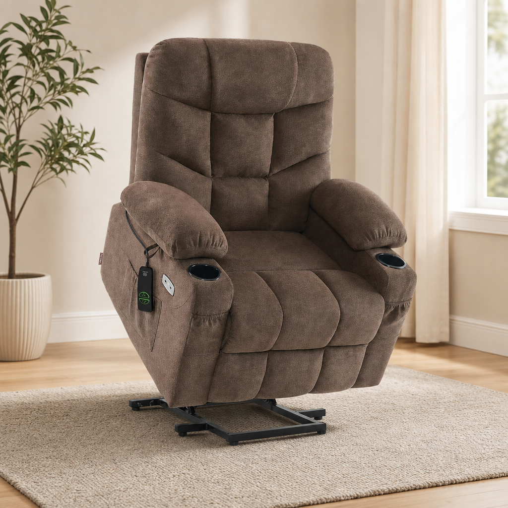 Brown fabric power lift recliner raised in standing position, angled front-left view on a rug