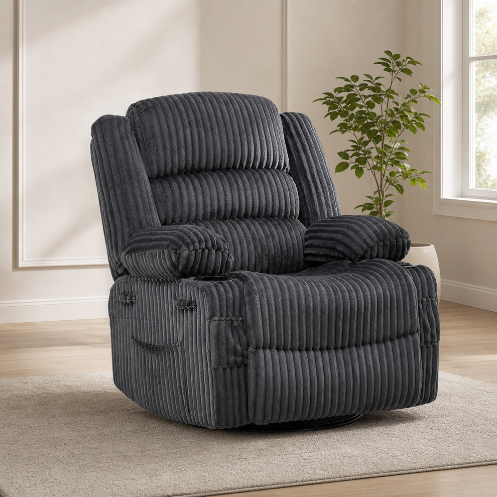 Dark gray corduroy wide swivel recliner angled front view on a light rug in a living room
