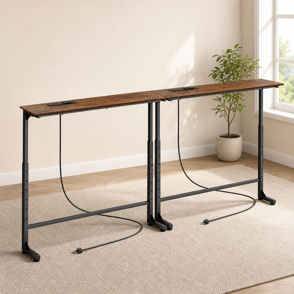 Rustic brown console table with black metal frame shown side-by-side, front view with power cords on the floor