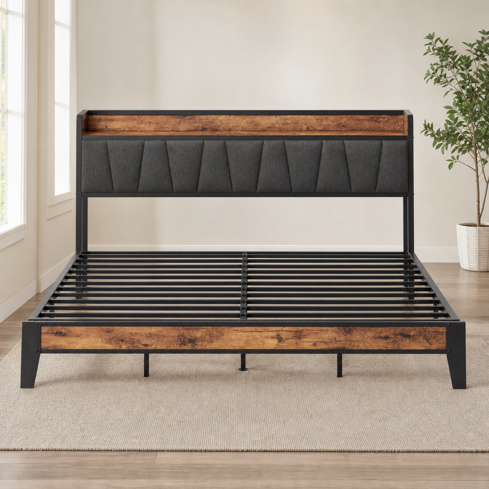 Front view of a wood-look platform bed with gray upholstered headboard and exposed black metal slats on a neutral rug