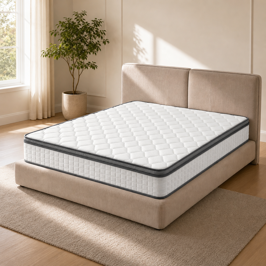 White quilted memory foam mattress on a beige upholstered low bed frame, angled front view in a sunlit bedroom