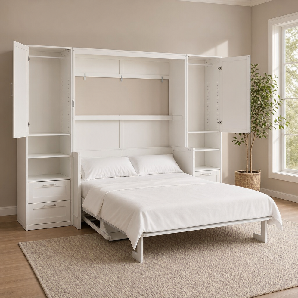 White Murphy wall bed open to bed position with storage towers and drawers visible in a bright bedroom
