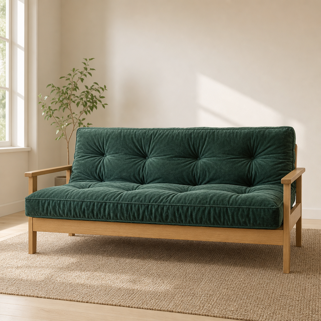 Dark green tufted futon mattress on a light wood sofa frame, angled front view in a sunlit room