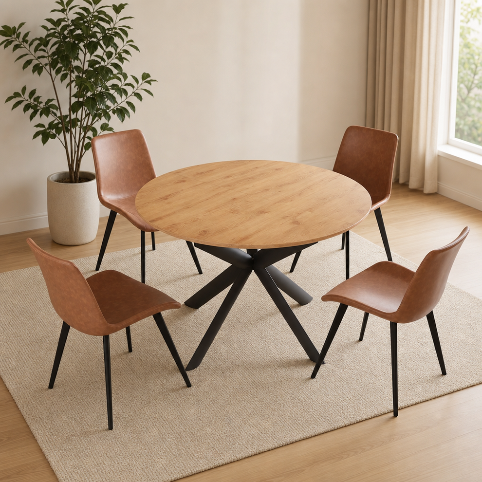 Oak woodgrain round dining table with four brown PU upholstered chairs angled front view on a rug in a dining area