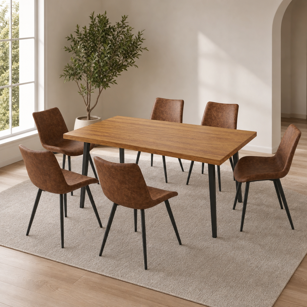 ZckyCine 70.8" Dining Table with 6 PU Leather Chairs, 7-Piece Modern Dining Set, S centered in a warm neutral furnished room