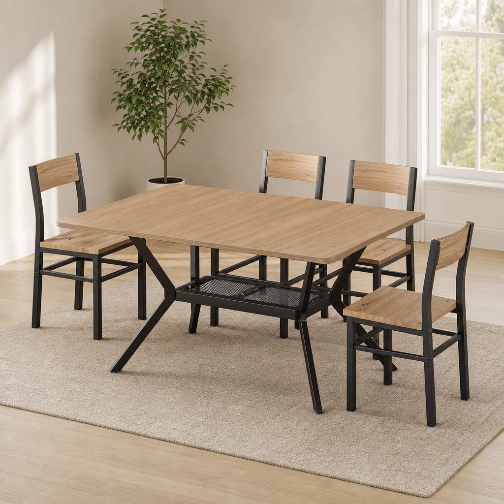 Dining table and four chairs with natural walnut wood-top and black metal X-base shown angled in a bright room
