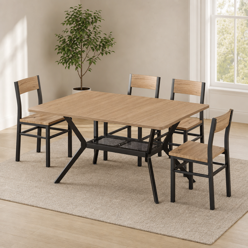 Dining table and four chairs with natural walnut wood-top and black metal X-base shown angled in a bright room