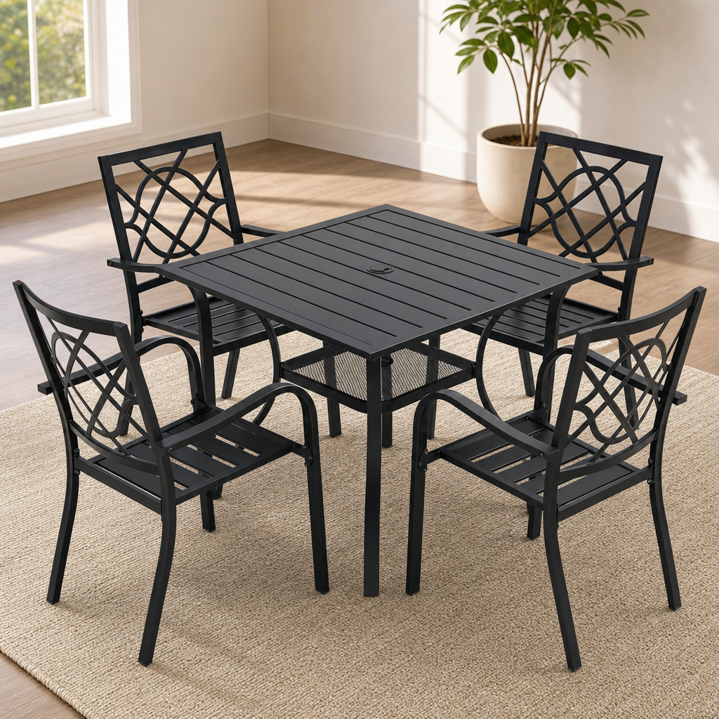 Black metal 5-piece patio dining set with 37-inch square table and four chairs angled front view on a rug.