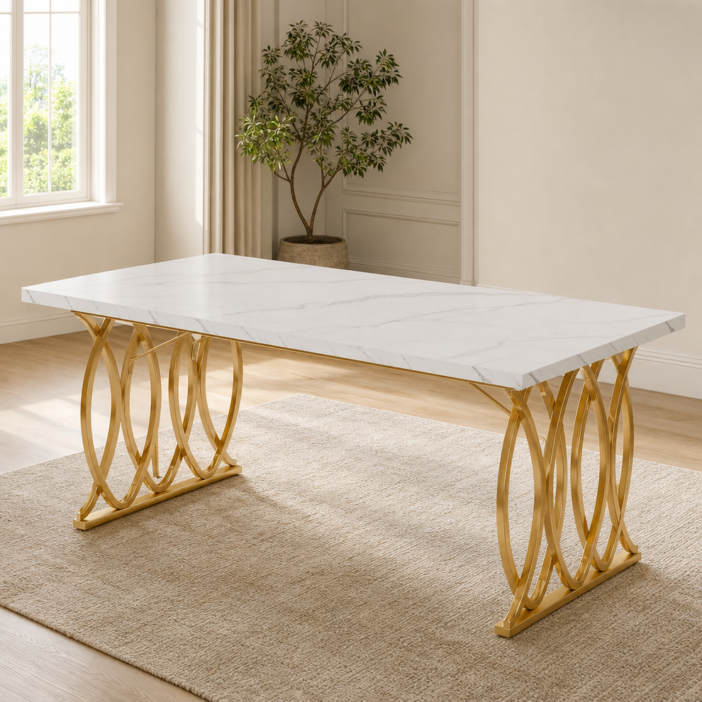 White faux marble 63" dining table with gold geometric steel legs, angled front-left view on a rug