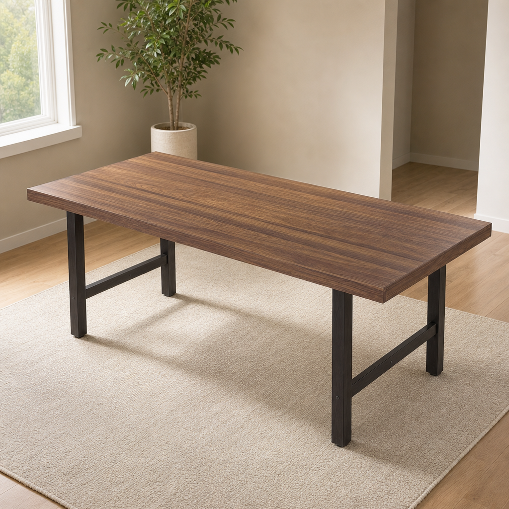 Brown laminate rectangular dining table with black 2x2 steel legs angled front view in a neutral dining room