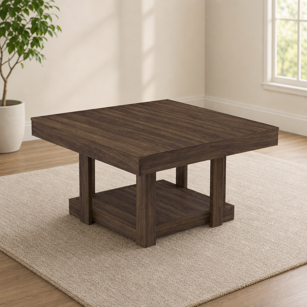 Dark walnut finish 47-inch square dining table angled front view on a neutral rug in a bright room