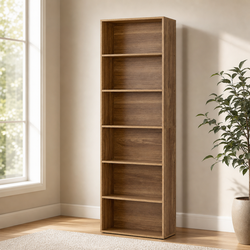 Oak brown 6-tier bookcase full-height front view beside a window in a bright room