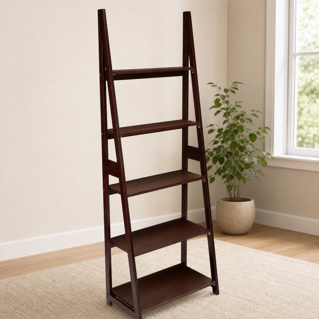 Espresso ladder bookshelf angled front view in a bright room with a potted plant and light rug