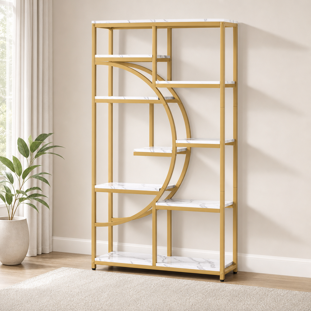 Gold metal etagere with white marble-look shelves, angled front view in a living room setting