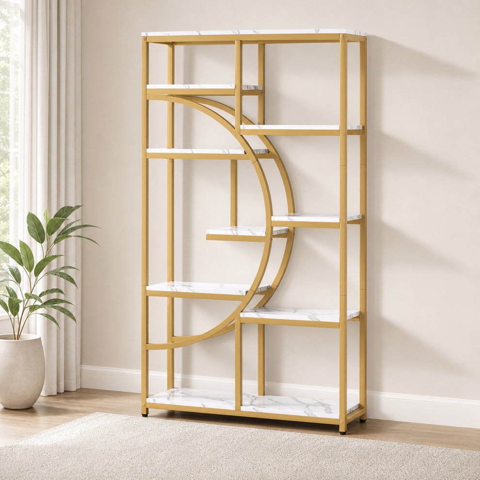 Gold metal etagere with white marble-look shelves, angled front view in a living room setting