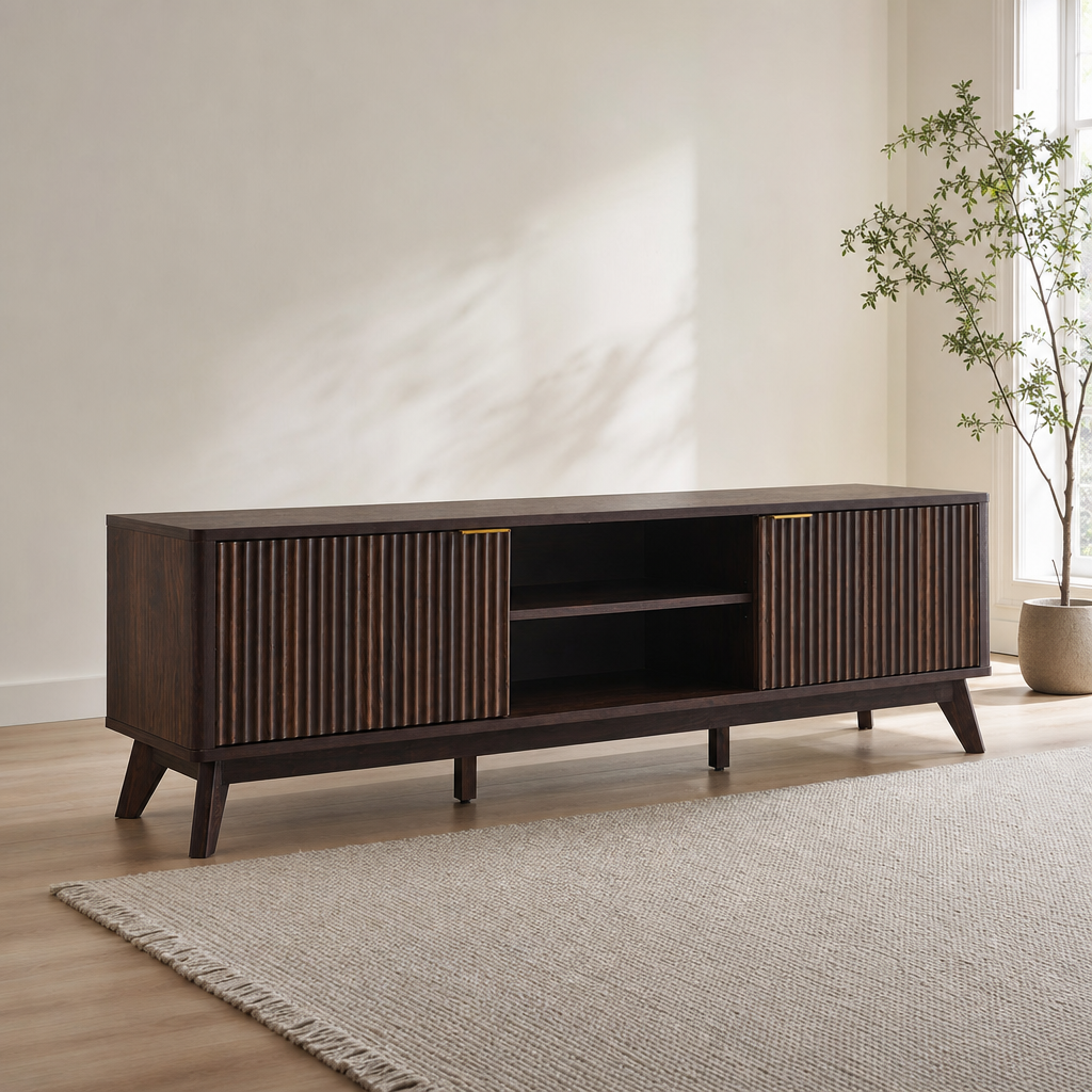 Dark walnut 70-inch TV stand angled front view showing fluted doors and tapered legs