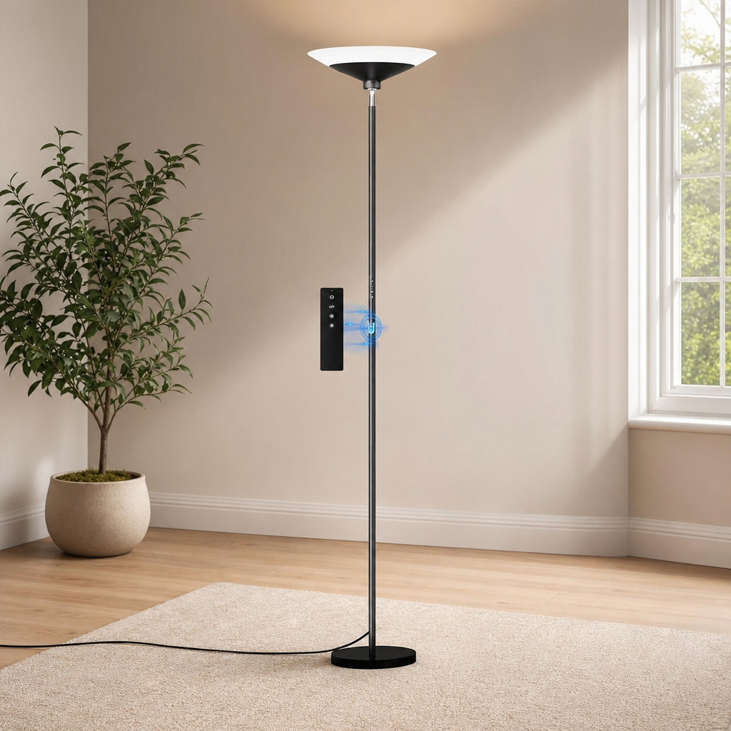 Black torchiere floor lamp with magnetic remote attached to pole, angled front view in a neutral living room corner