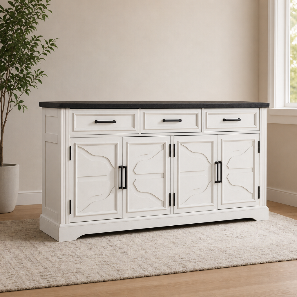 Off white farmhouse buffet sideboard front view with dark tabletop on a rug next to a potted plant
