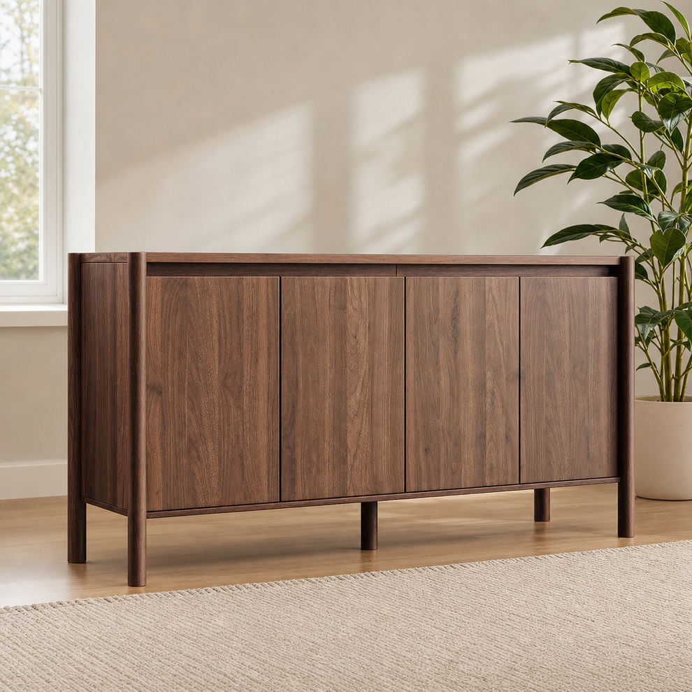 Walnut finish buffet cabinet front view with rounded wooden legs on a hardwood floor