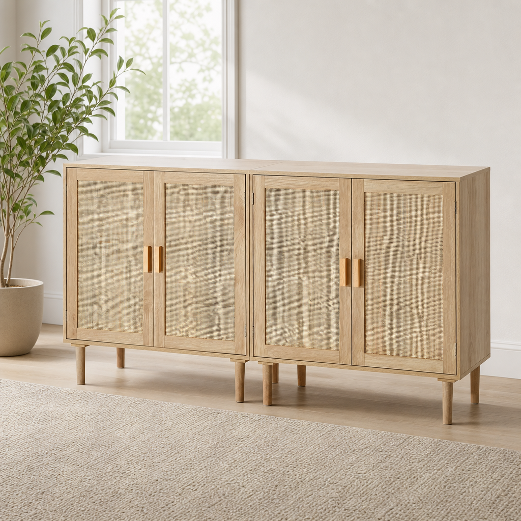 Natural rattan buffet cabinet with four woven doors shown in a bright living room at an angled front view